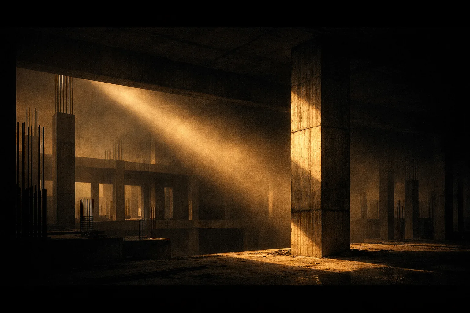 Construction site at twilight — golden light cutting through dust and concrete