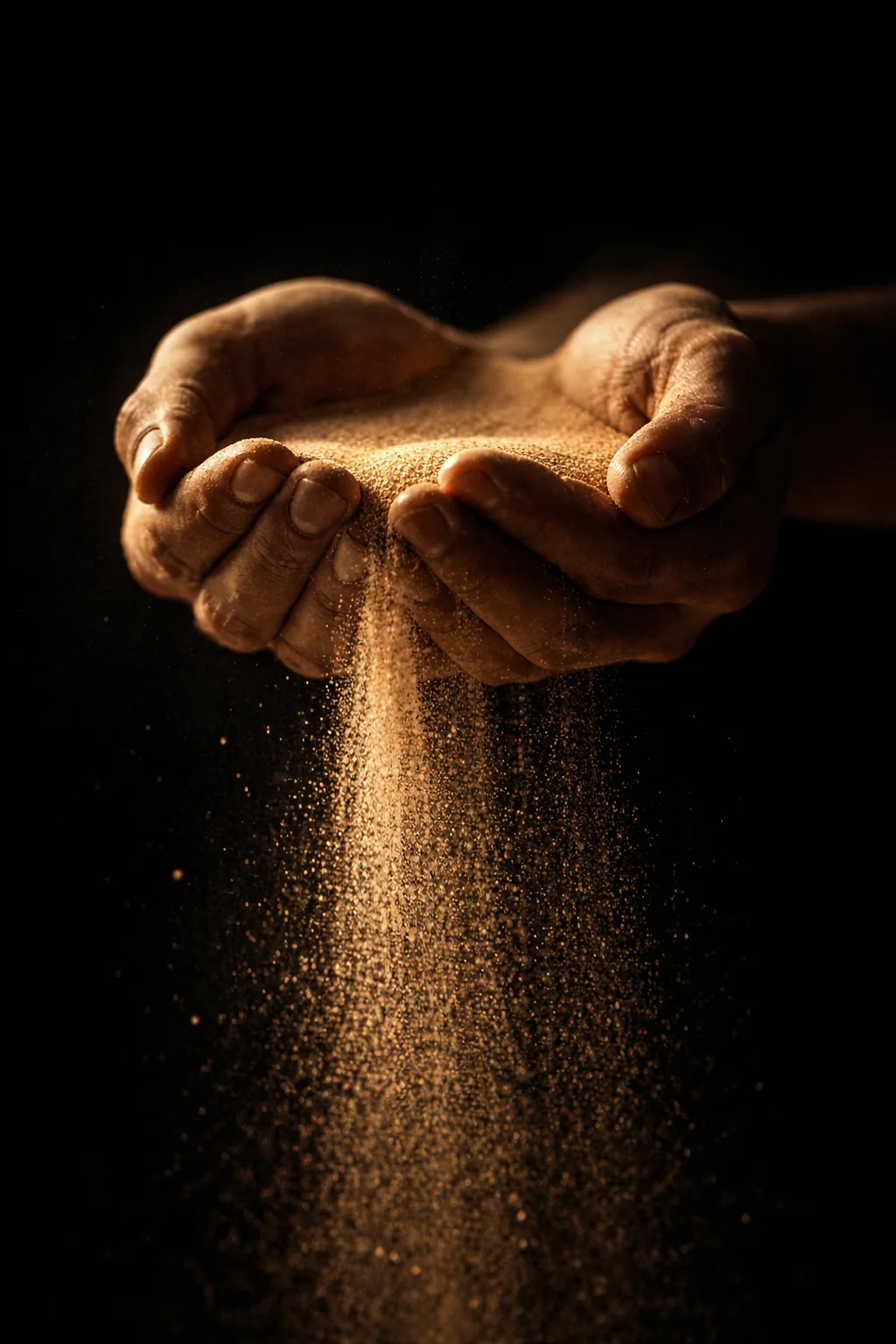 Hands cupping falling desert sand — time held and released