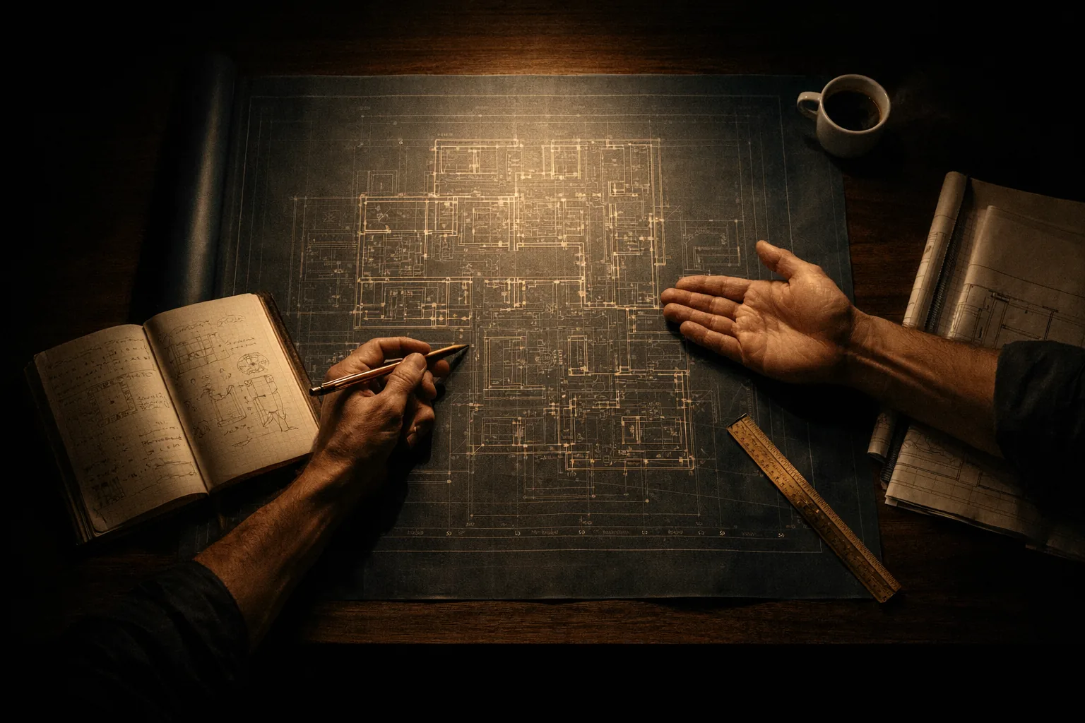 Hands collaborating over an architectural blueprint — partnership in execution