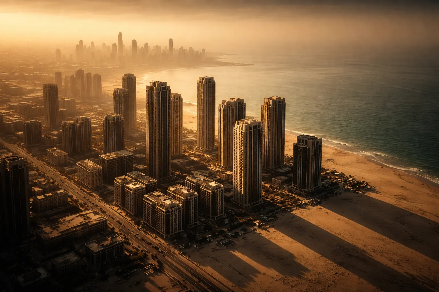 UAE coastline at golden hour — modern architectural towers in atmospheric haze